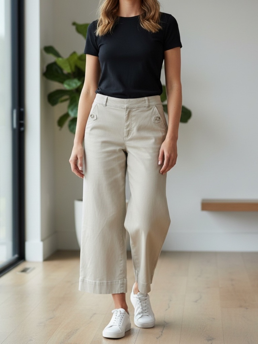 SPANX Women’s M Beige Wide Leg Flare Pants Stretch Trouser Button Pockets